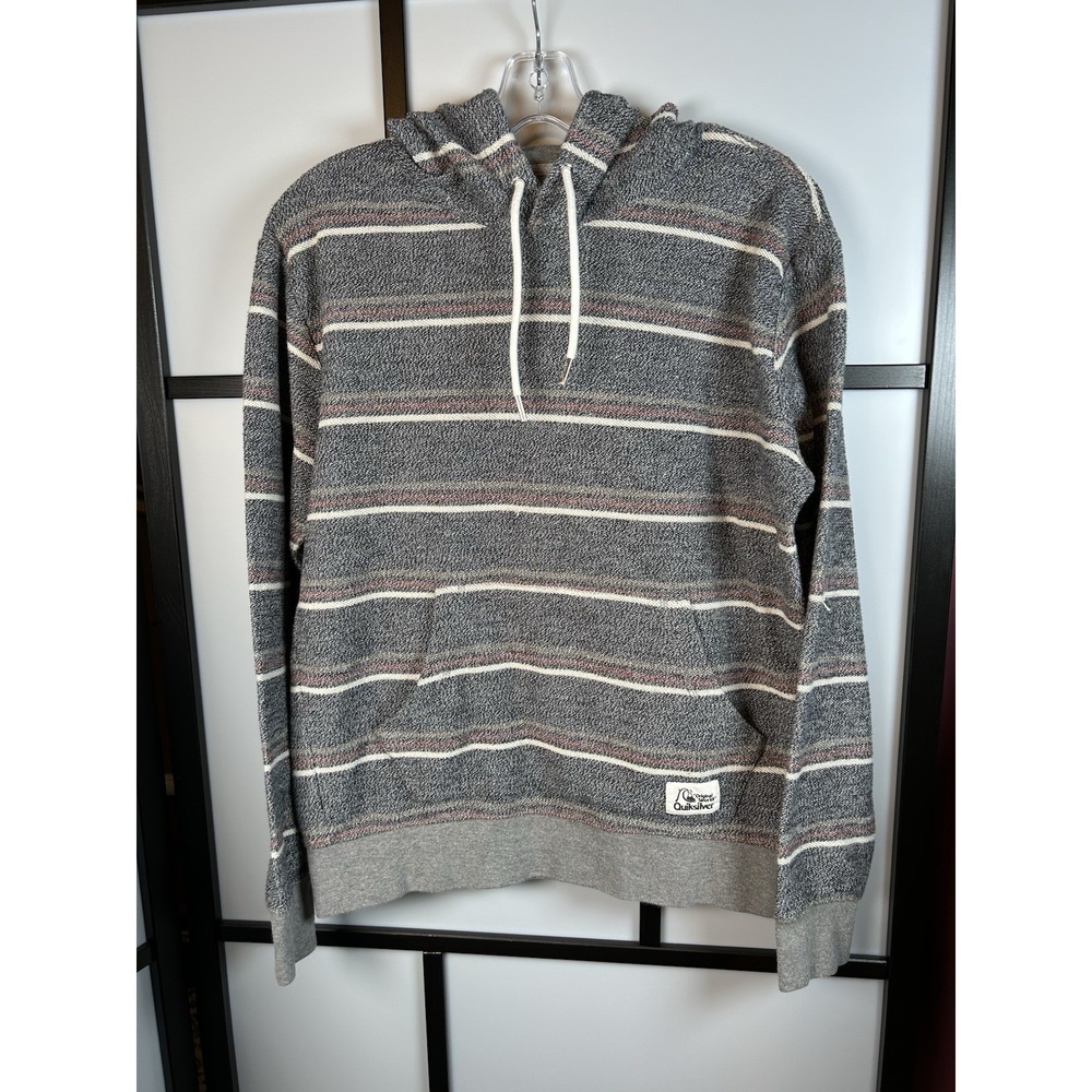 Quiksilver Baja‎ Hoodie Mens Medium Gray Striped Pullover Hooded Sweatshirt